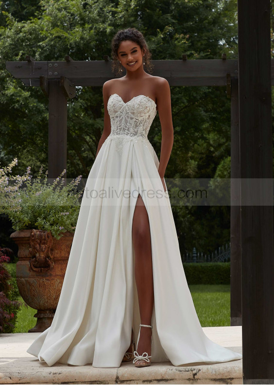 Strapless Beaded Ivory Lace Satin Slit Wedding Dress With Pockets